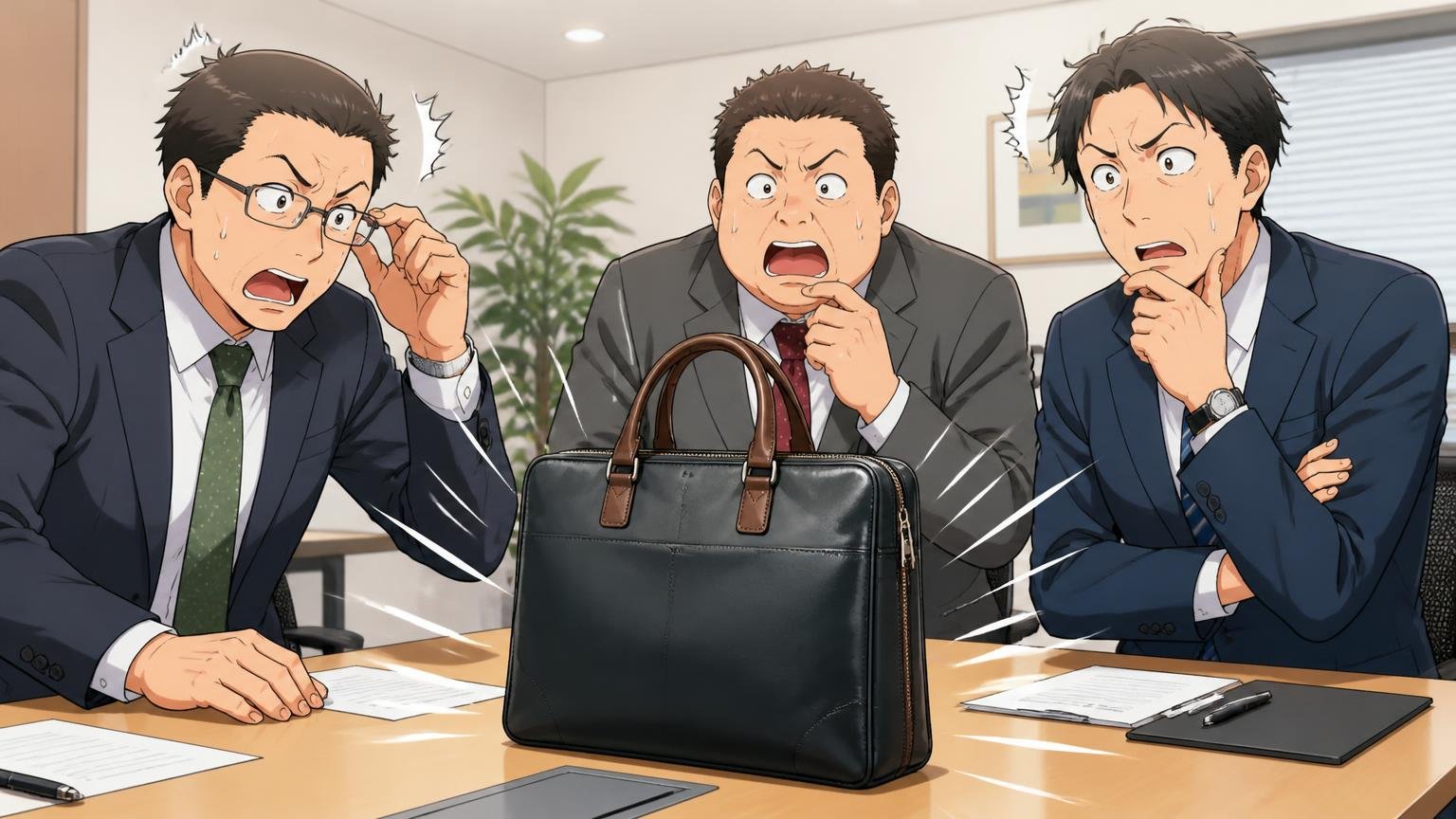 マザーハウスが向いていない人 オフィスの会議室で商談前にバッグを置く場面 スーツ姿の40代男性3人 端正なバッグに視線が集まり緊張する