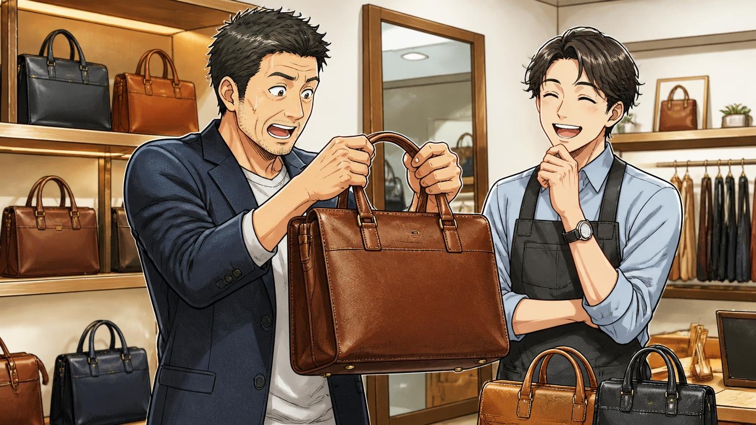 STEP2:実物を確かめる。無理なら返品条件を確かめる 店内で革バッグを両手で持ち上げて重さを確かめる場面、40代男性1人と店員1人が笑う