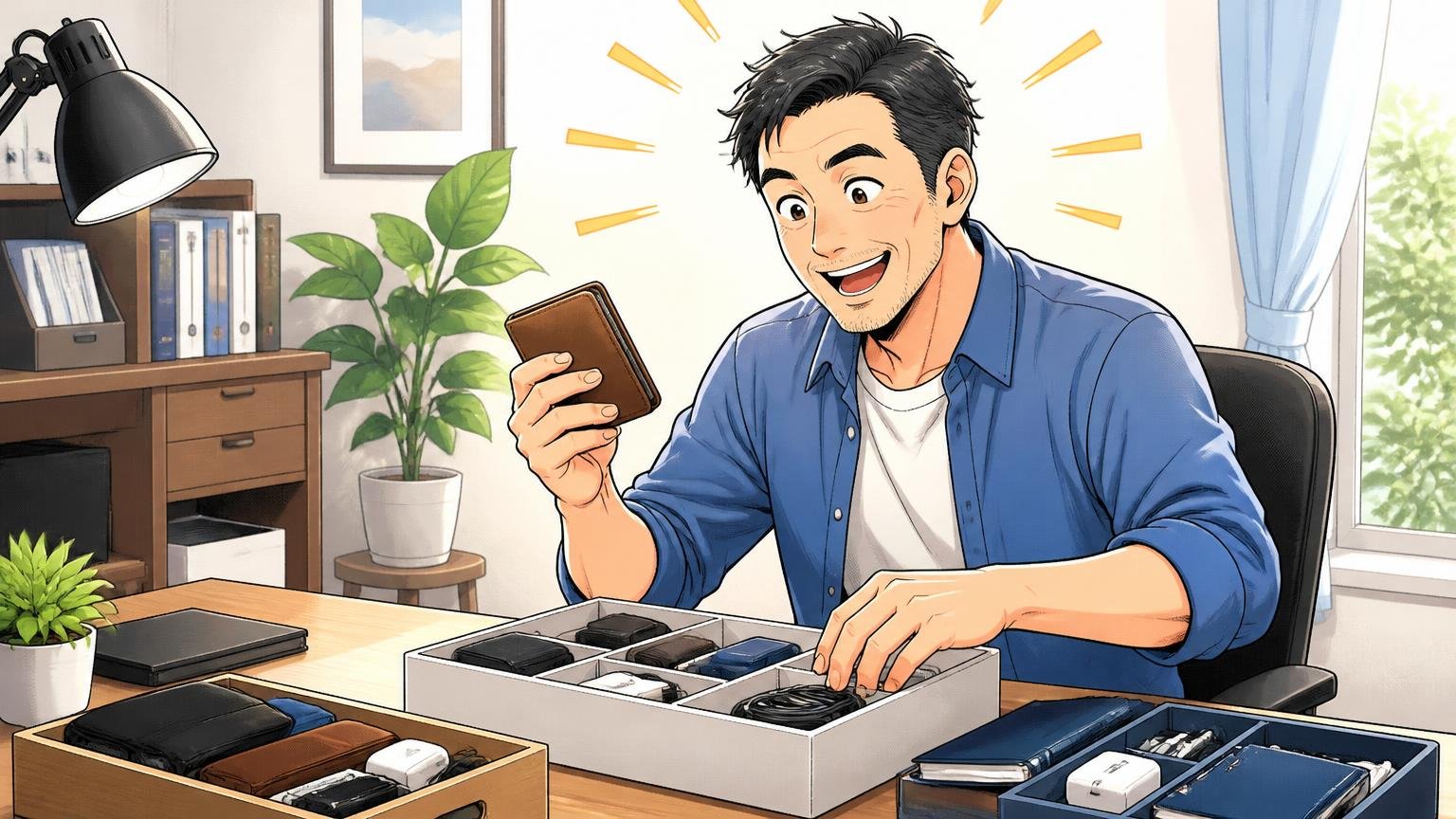 対策② 「全身ポーター」をやめ、主役は1つに絞る|自宅のデスクで小物を整理する場面、40代男性1人が晴れやかな表情で仕分ける