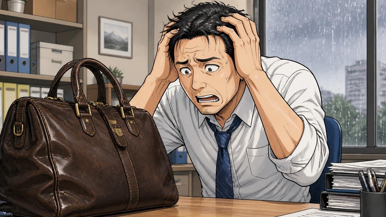 土屋鞄が向いていない人。オフィスのデスク脇で重い革バッグと雨の窓を見比べて頭を抱える40代男性1人の場面