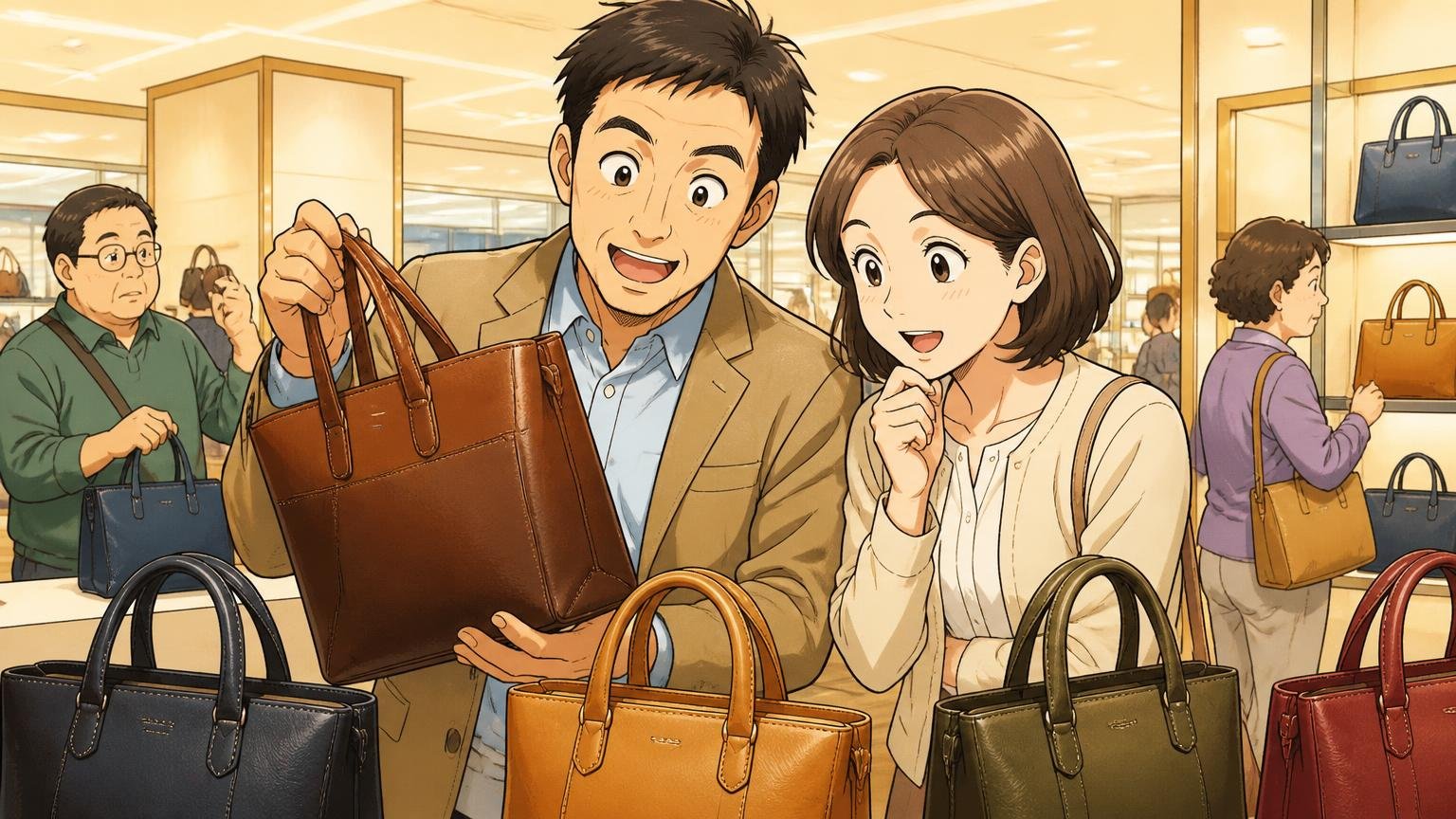 レザーの種類と色は、できれば実物で確かめる、百貨店の鞄売り場で照明の下の革バッグの色を見比べる夫婦2人の場面