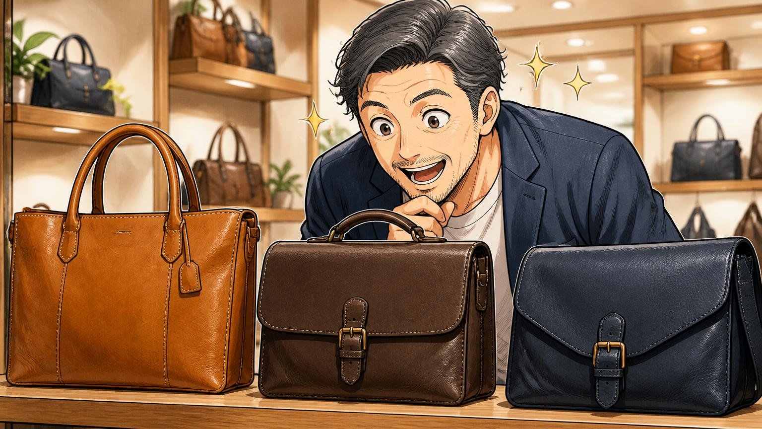 コンプレックスガーデンズと見比べたい、日本製の革バッグブランド3選 ショップの棚に並ぶ3つの革バッグを見比べて目を輝かせる40代男性1人
