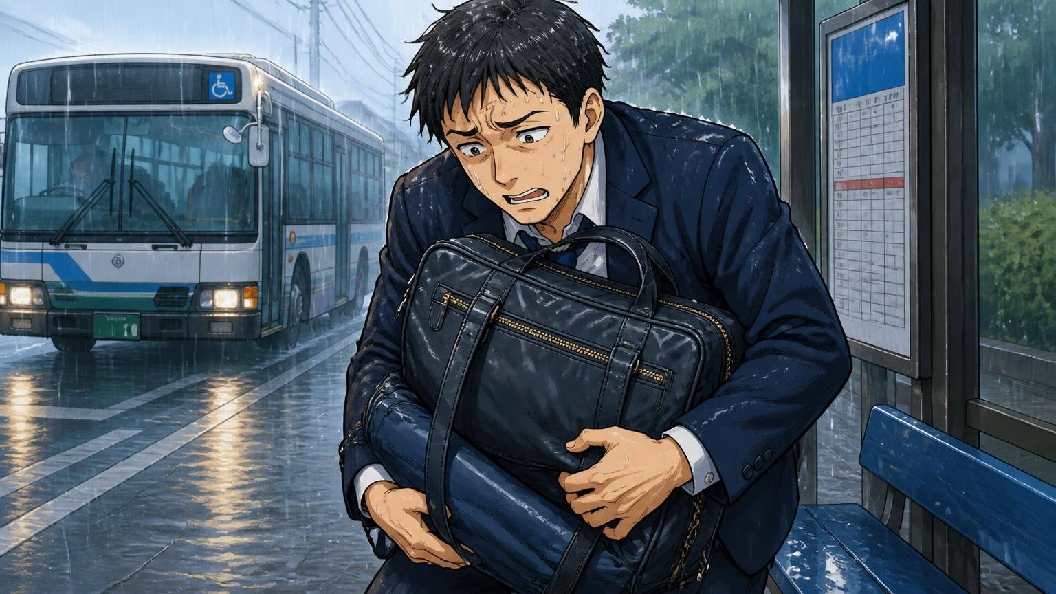 青木鞄が向いていない人の5つの特徴 雨の日のバス停で重そうなバッグを抱える男性1人 悩んだ表情