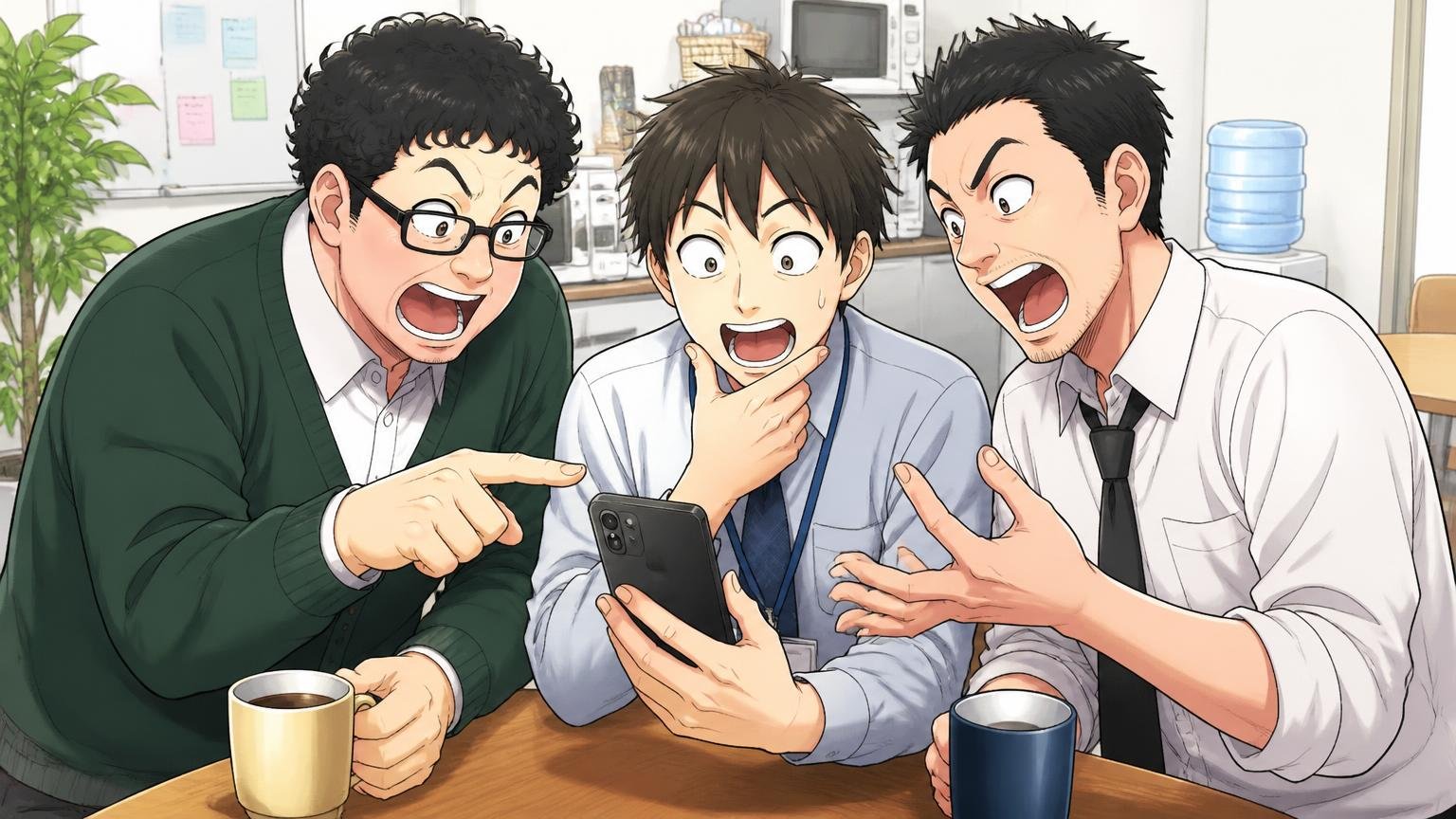 知恵袋の高評価は「同じ回答者」の声が多いと知っておく　休憩室で同僚3人がスマホの掲示板を見せ合いながら議論する場面