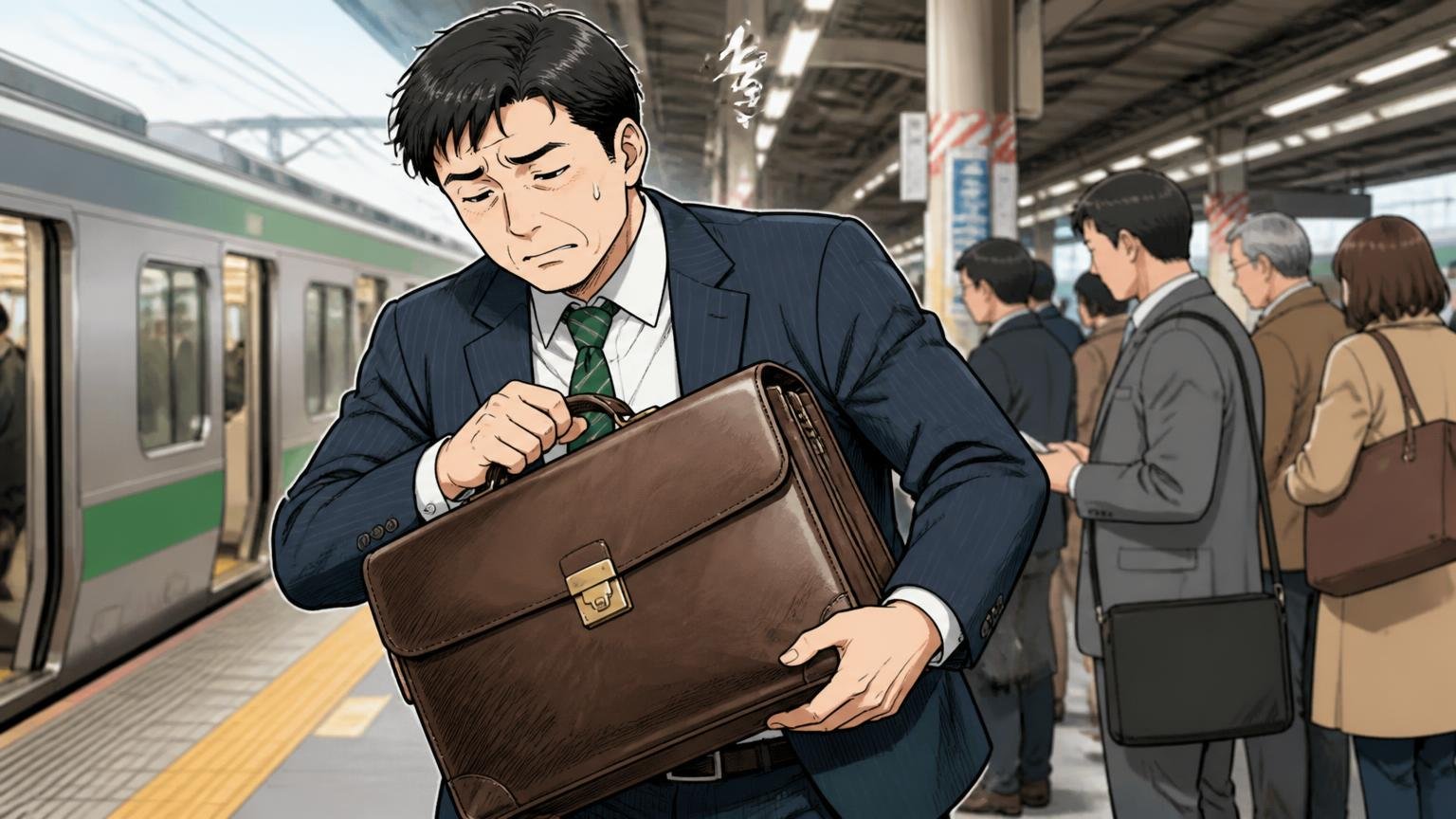 「もう少し軽いと…」ビジネスバッグの重さ 朝の通勤電車のホームで重い革のブリーフケースを持ち替える40代男性1人