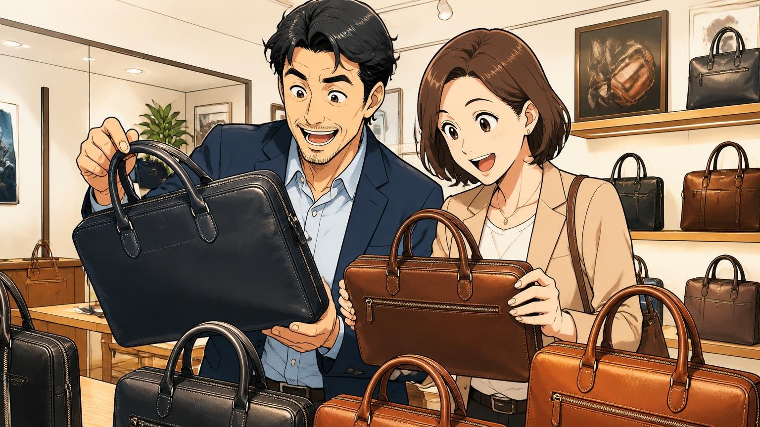 評判を調べ尽くした40代が次の候補に残した日本製の革バッグブランド。ショールームで並んだ革のビジネスバッグを手に取り、満足そうに見比べる40代夫婦の2人