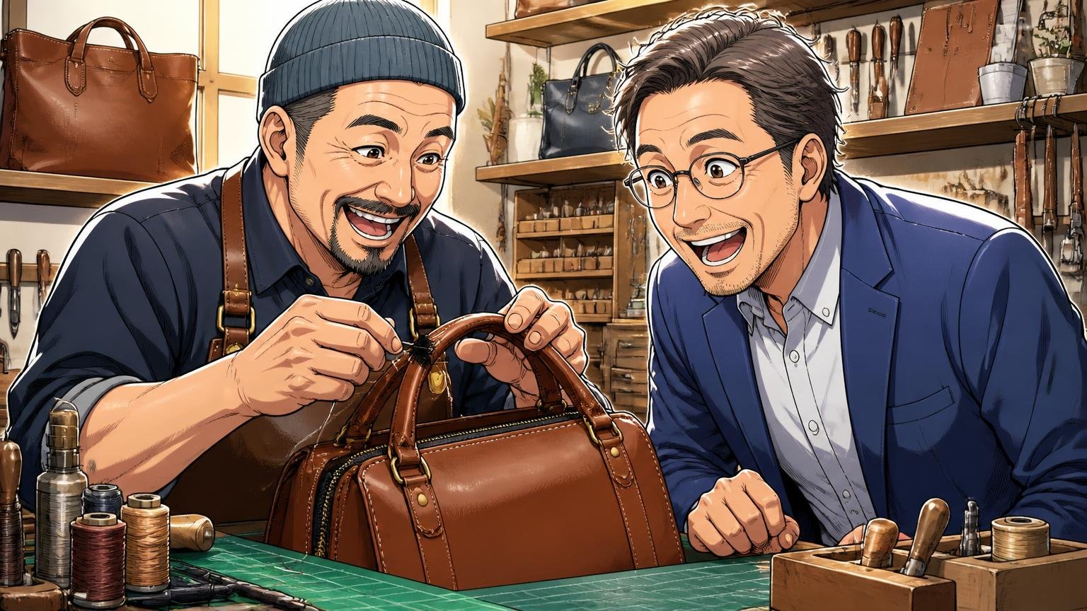 修理の窓口と範囲を、買う前に確認する 修理工房の作業台で職人が持ち手を縫い直す場面 職人1人と40代男性1人が仕上がりを見て笑顔になる