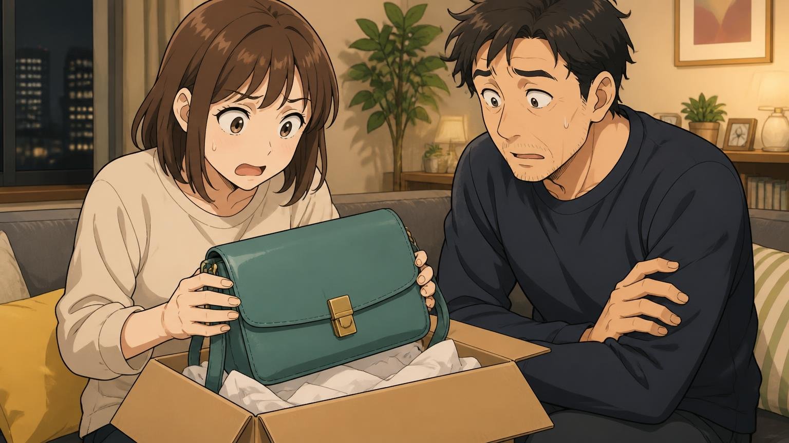 公式オンラインはお客様都合の返品不可 夜のリビングで届いたバッグの箱を開けて想像と違う色に戸惑う場面 30代女性と40代男性の2人が顔を見合わせる