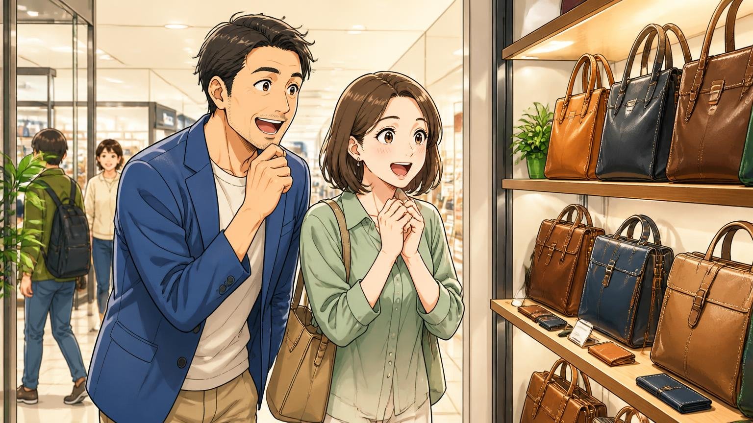 全国約50店舗で、実物を見て試せる|駅ビルのショップ入口で40代男性と30代女性が店内の革バッグを眺めてわくわくする場面