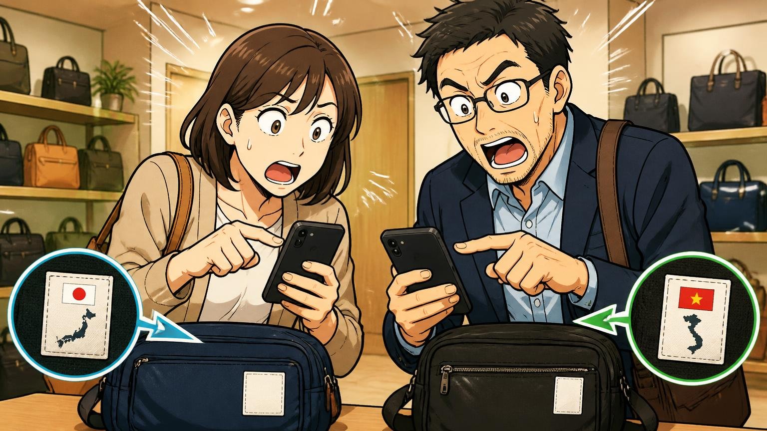 生産国はモデルで違う(日本製とベトナム製)、鞄店のカウンターで、30代女性と40代男性の2人がスマホで生産国の表記を見て驚く場面