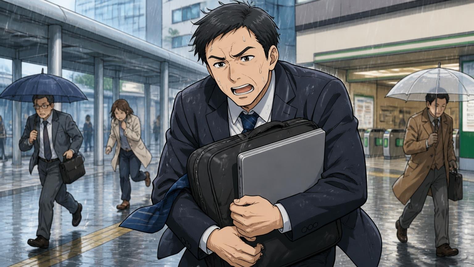 向いていない人｜スーツで毎日PCと書類を持ち歩く人。雨の朝の駅前で重いPC入りバッグを抱えて急ぐスーツ姿の40代男性1人の場面