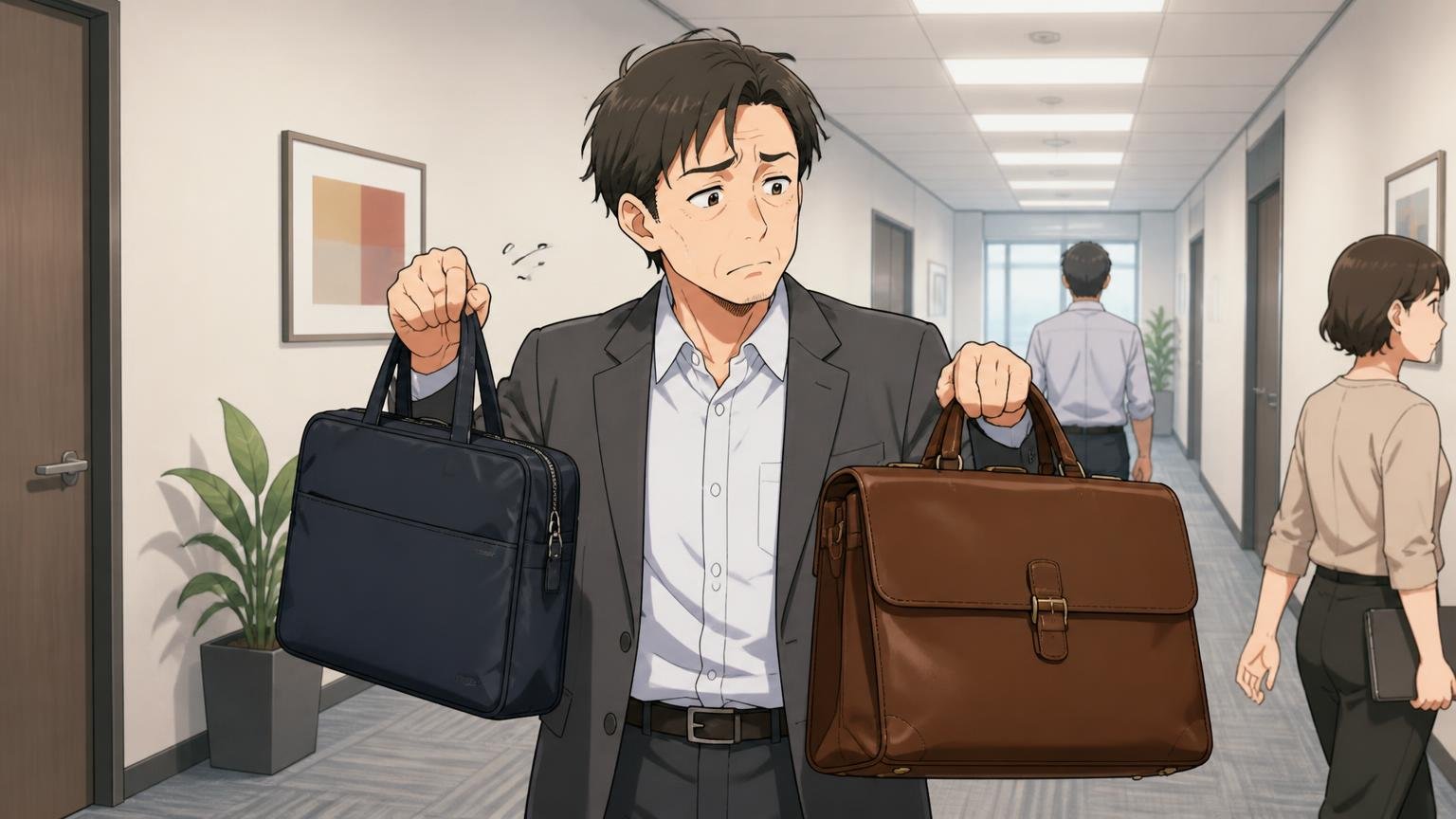 向いていない人は「軽さ・予算・ロゴのない端正さを最優先する人」 オフィスの廊下で軽いバッグと重い革のバッグを持ち比べる40代男性1人が迷った表情をする場面