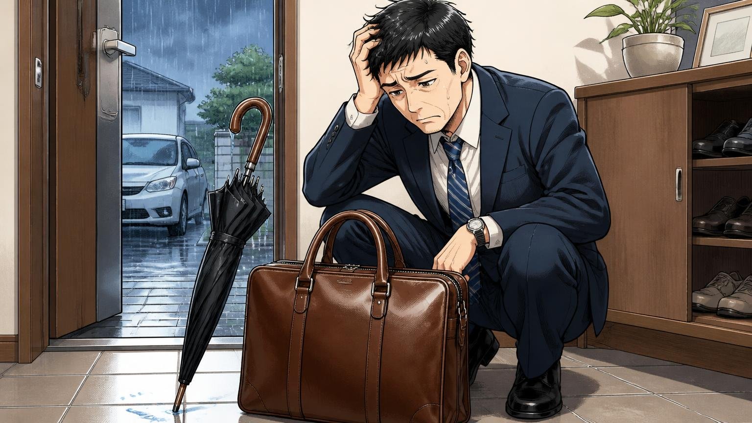 万双のブリーフケースが向いていない人。雨の朝の玄関で重い革のバッグと傘を前に悩み込む40代男性1人