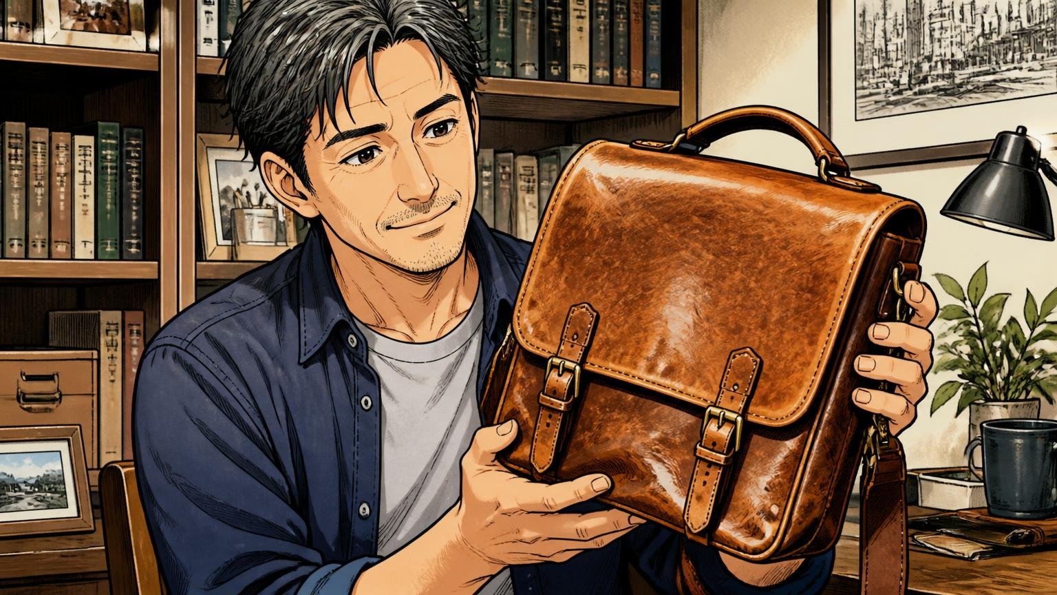 向いていない人：本革の質感を楽しみながら10年使いたい40代 書斎で使い込んで飴色になった革のバッグを手に取って眺める40代男性