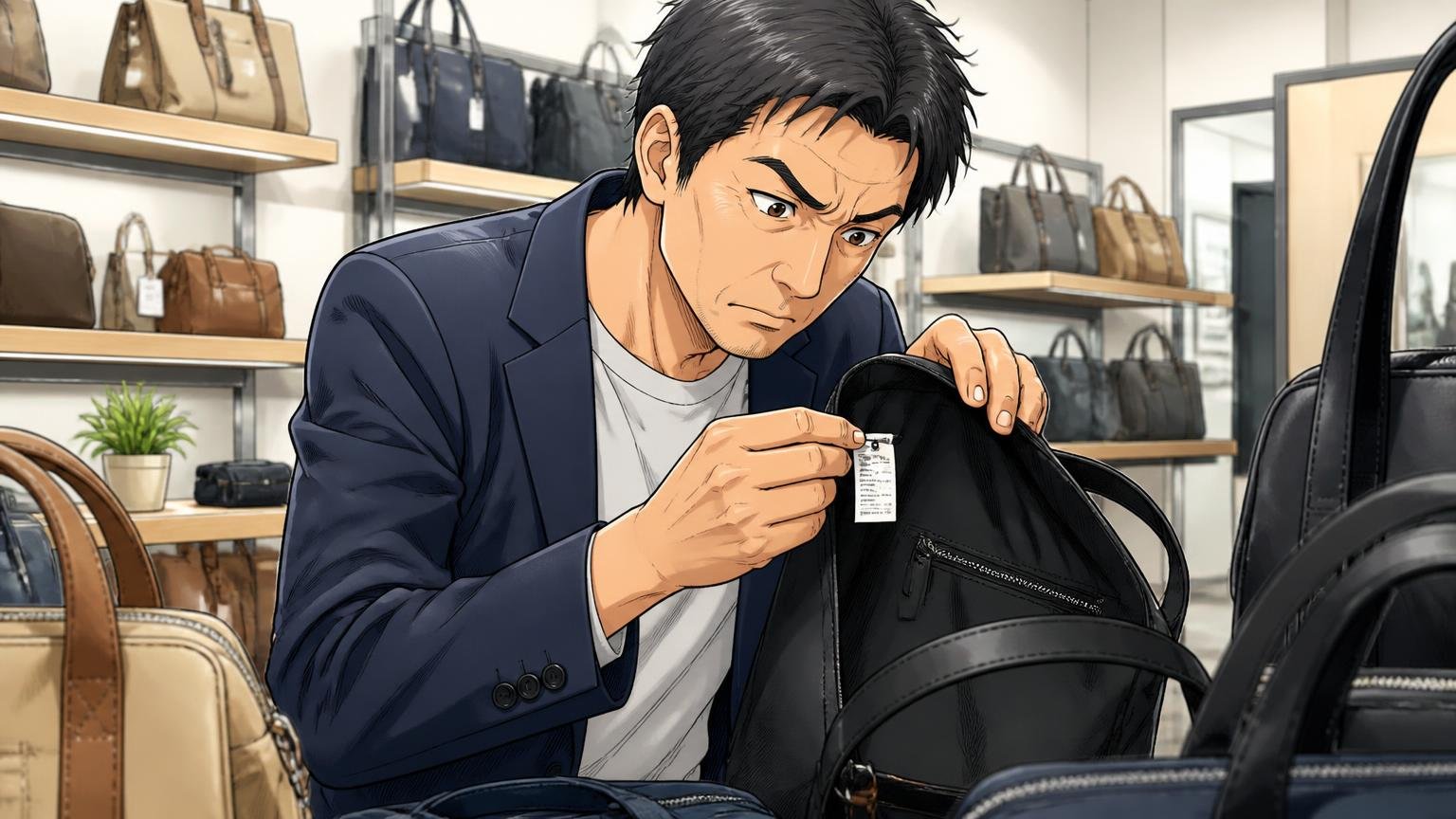 素材と原産国はモデルごとに違う。公式ストアで本革は5型中1型、売り場でバッグの内側の品質表示タグを真剣に読む40代男性1人