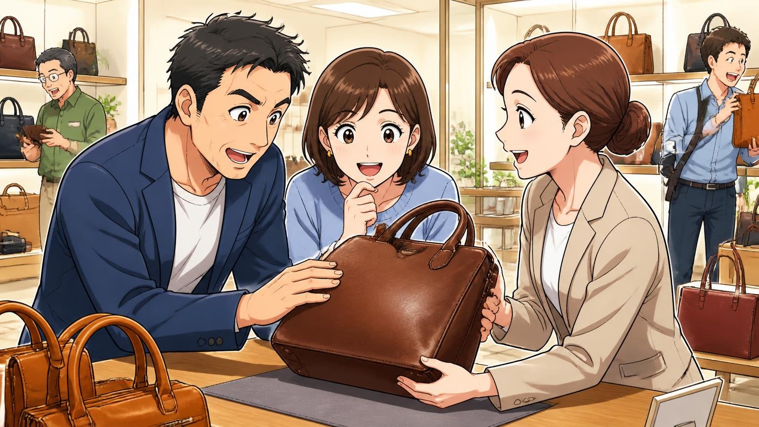ショールーム・修理・送料の条件まで見比べてから決める 明るいショールームで店員と革の鞄の質感を確かめる40代男性と妻2人