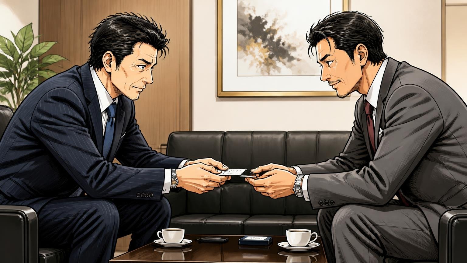 向いていない人：本革を10年単位で育てたい人、ロゴより"鞄としての格"で見られたい40代 応接室で取引先と向き合う場面 40代男性2人が名刺を交わす