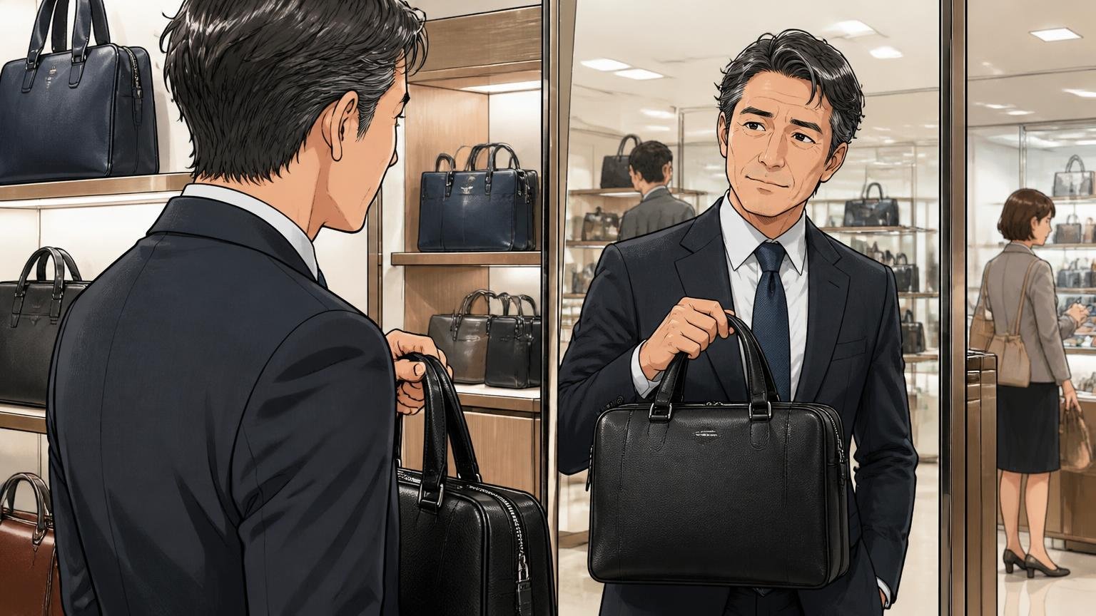 対策②黒・紺の単色で、レザーの比率が高い落ち着いたモデルを選ぶ 百貨店の鞄売り場の鏡の前で黒いビジネスバッグを持ちスーツ姿を確かめる50代男性1人