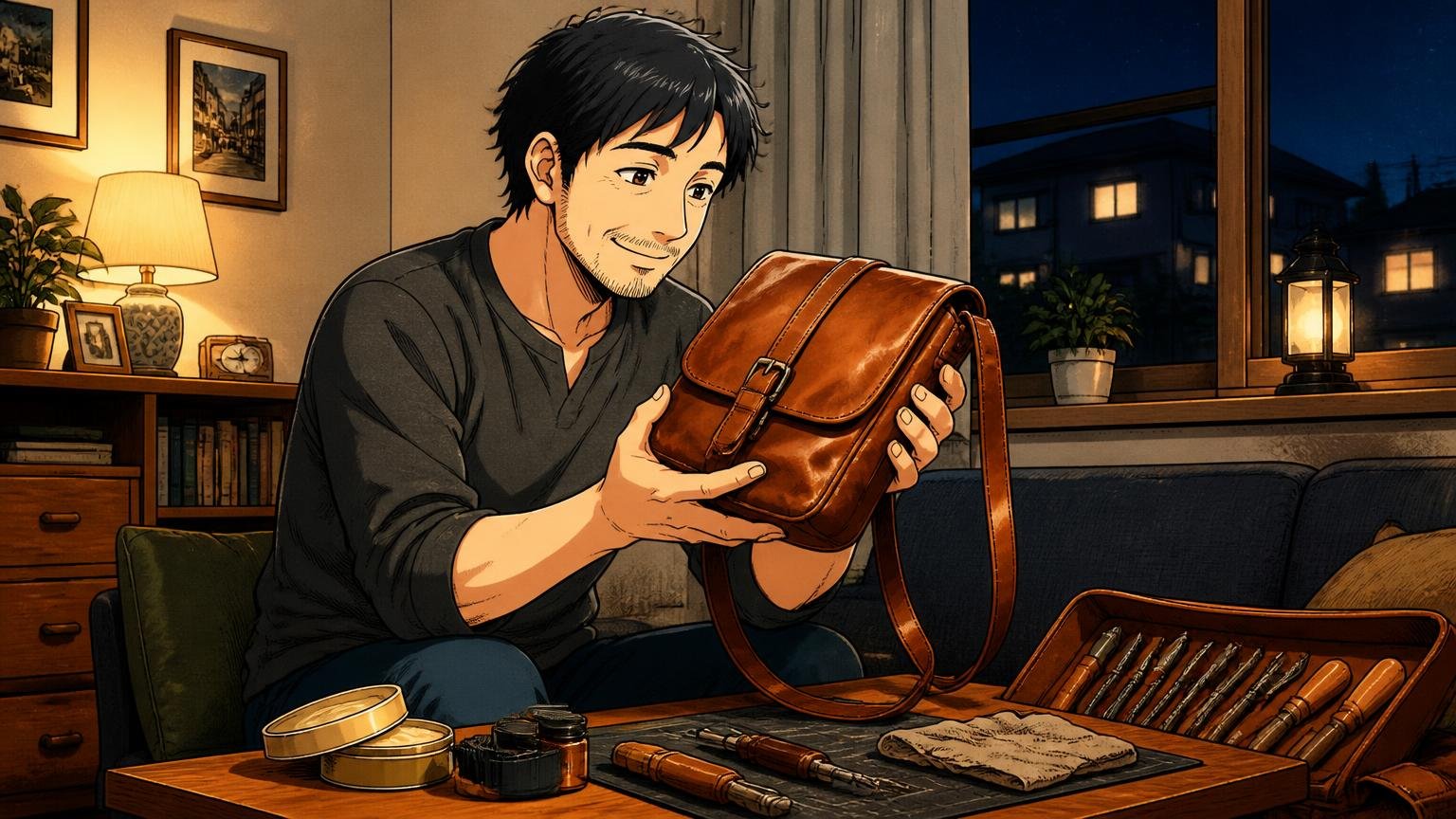 革の質感を楽しみ、修理しながら10年使いたい人、夜のリビングで飴色に育った革のバッグを照明の下で眺める男性1人の場面