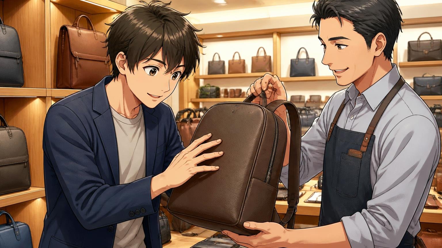 ロゴ控えめ・革使いの落ち着いたシリーズを選ぶ、鞄専門店で店員から革使いのリュックを手渡され表面の質感を確かめる男性客の場面