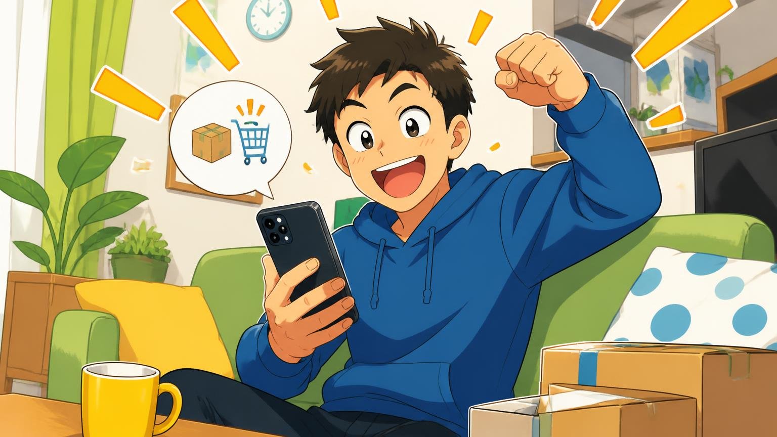 通販で買うのが向いている人・向いていない人 自宅のリビングでスマホを手に通販の画面を見る男性1人がガッツポーズする場面