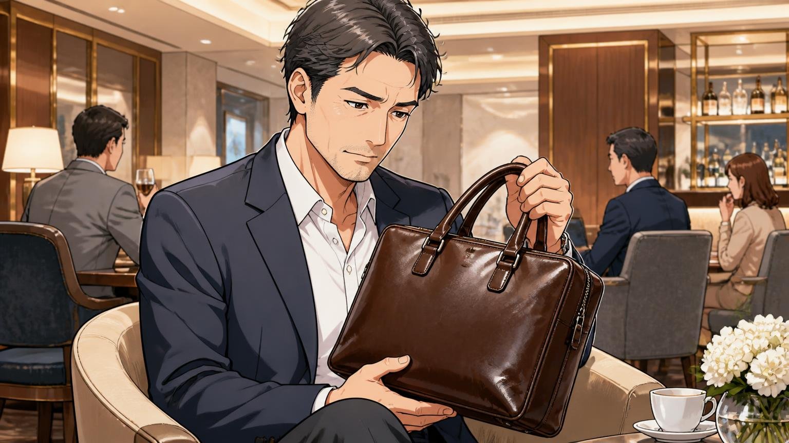 向いていない人｜40代で「品よく、長く」使いたい人 ホテルのラウンジでジャケット姿の40代男性が革のバッグを手に取り見つめる1人の場面