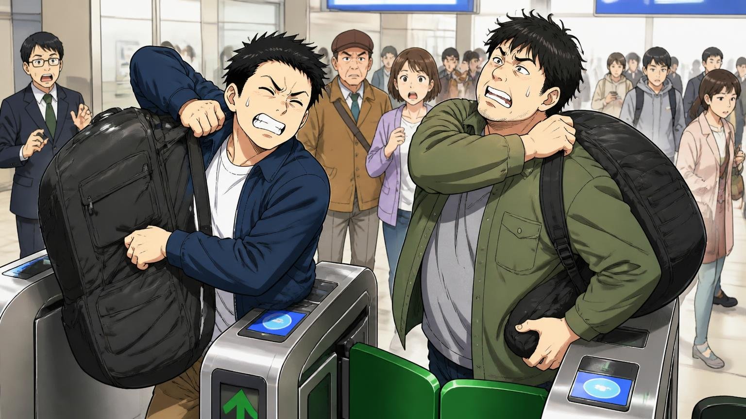 「どんな使い方をした人か」を見る。混雑した駅の改札で重い荷物を詰め込んだバッグを肩にかけ直す男性2人