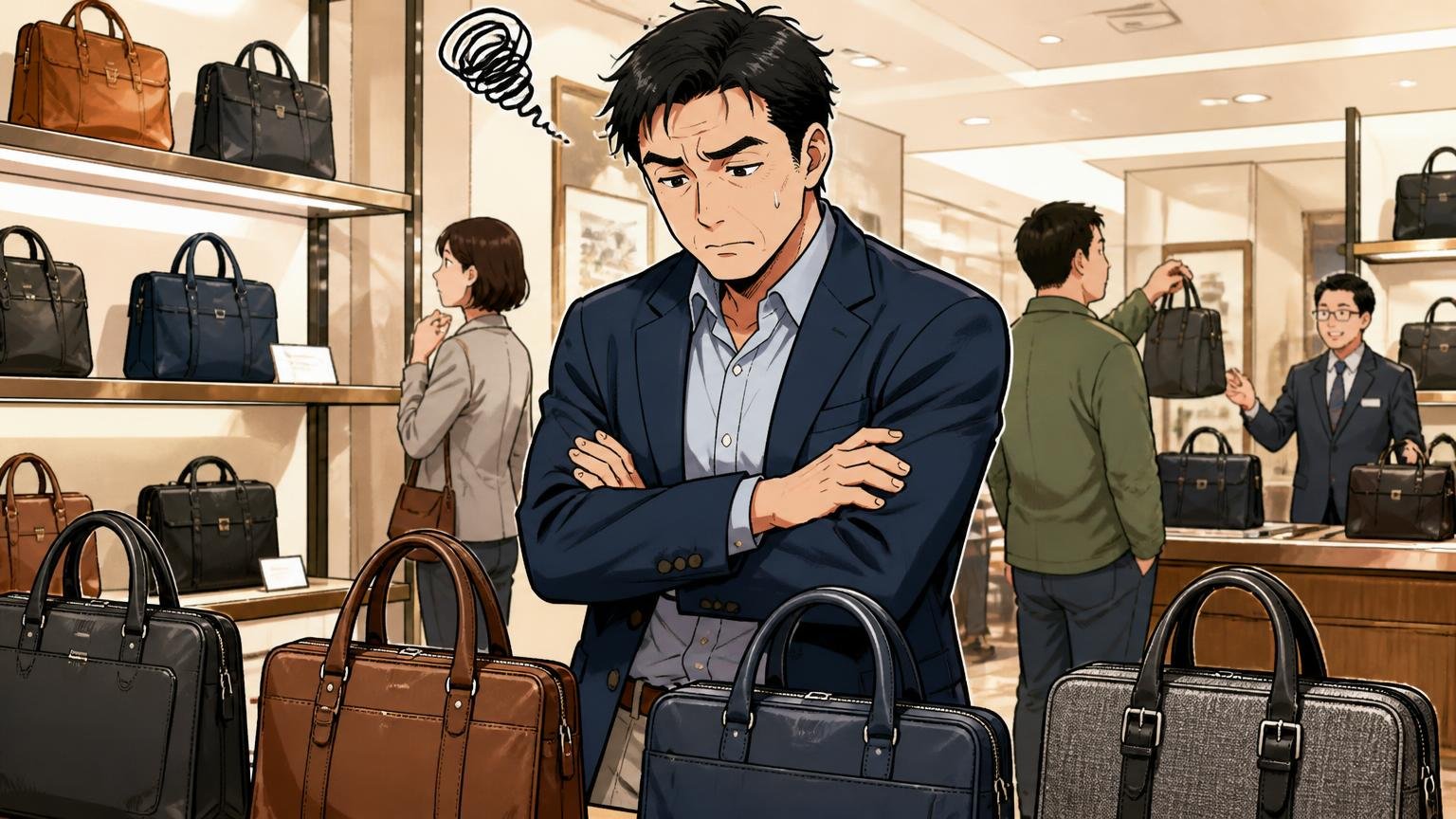 モラルコードが向いていない人｜百貨店の鞄売り場で何本もバッグを見比べる40代男性1人が腕を組んで悩む場面