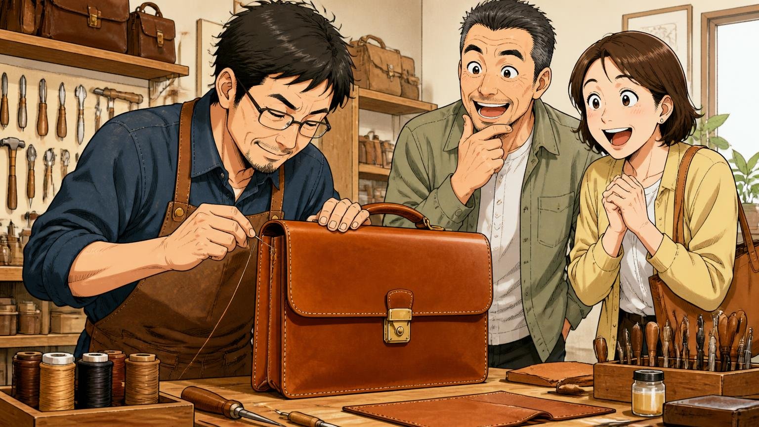 一人の職人が組み立て縫製し、製品に担当職人を記す仕組み、工房の作業台で一人の職人が革のブリーフケースを縫い上げる姿を見守る40代夫婦2人と職人1人