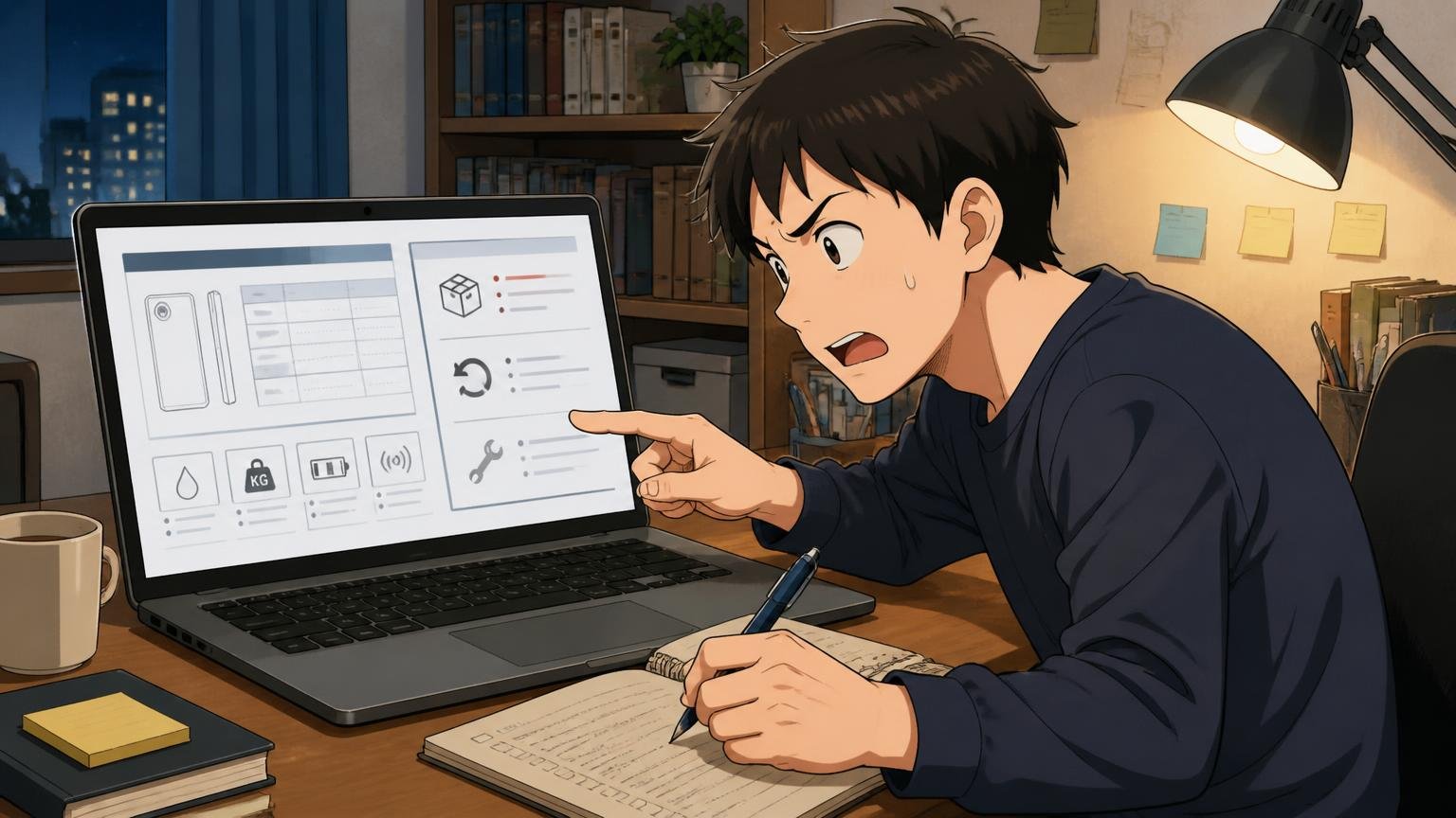 公式の仕様表と返品・修理の条件を確認する 夜の書斎でノートPCの画面を指さしメモを取る男性1人の場面