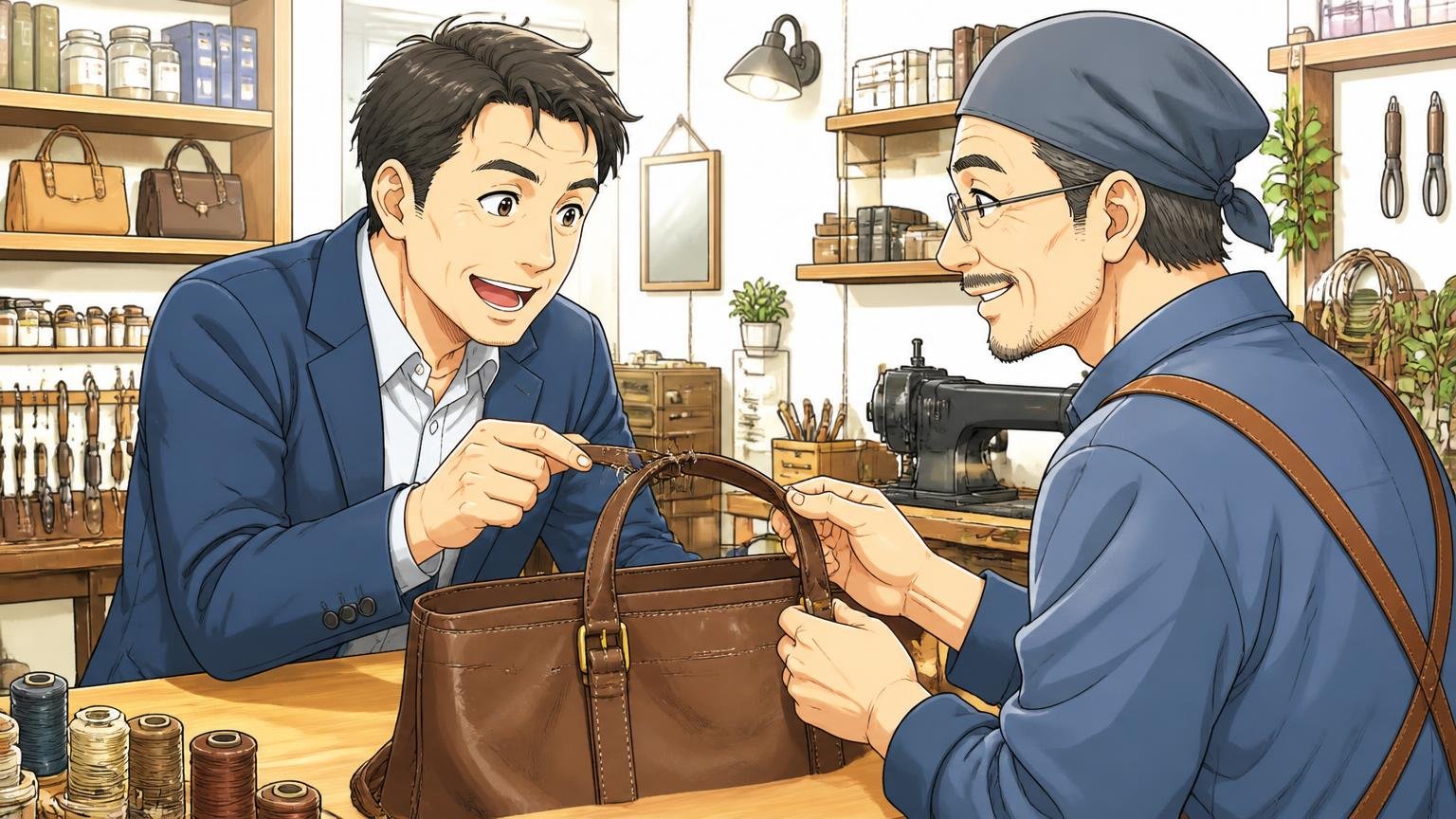 壊れたときに直してくれる窓口があるか 修理工房のカウンターでほつれた持ち手を見せる場面 40代男性と修理職人の2人が笑顔で話す