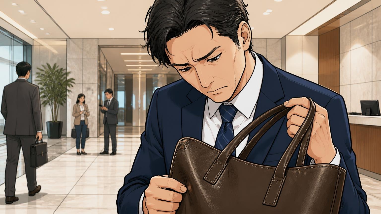 向いていない人｜40代の仕事の顔として、10年単位で使い続けたい人 商談前のビルのロビーで、自分の革トートの角の擦れを見つめる40代男性1人