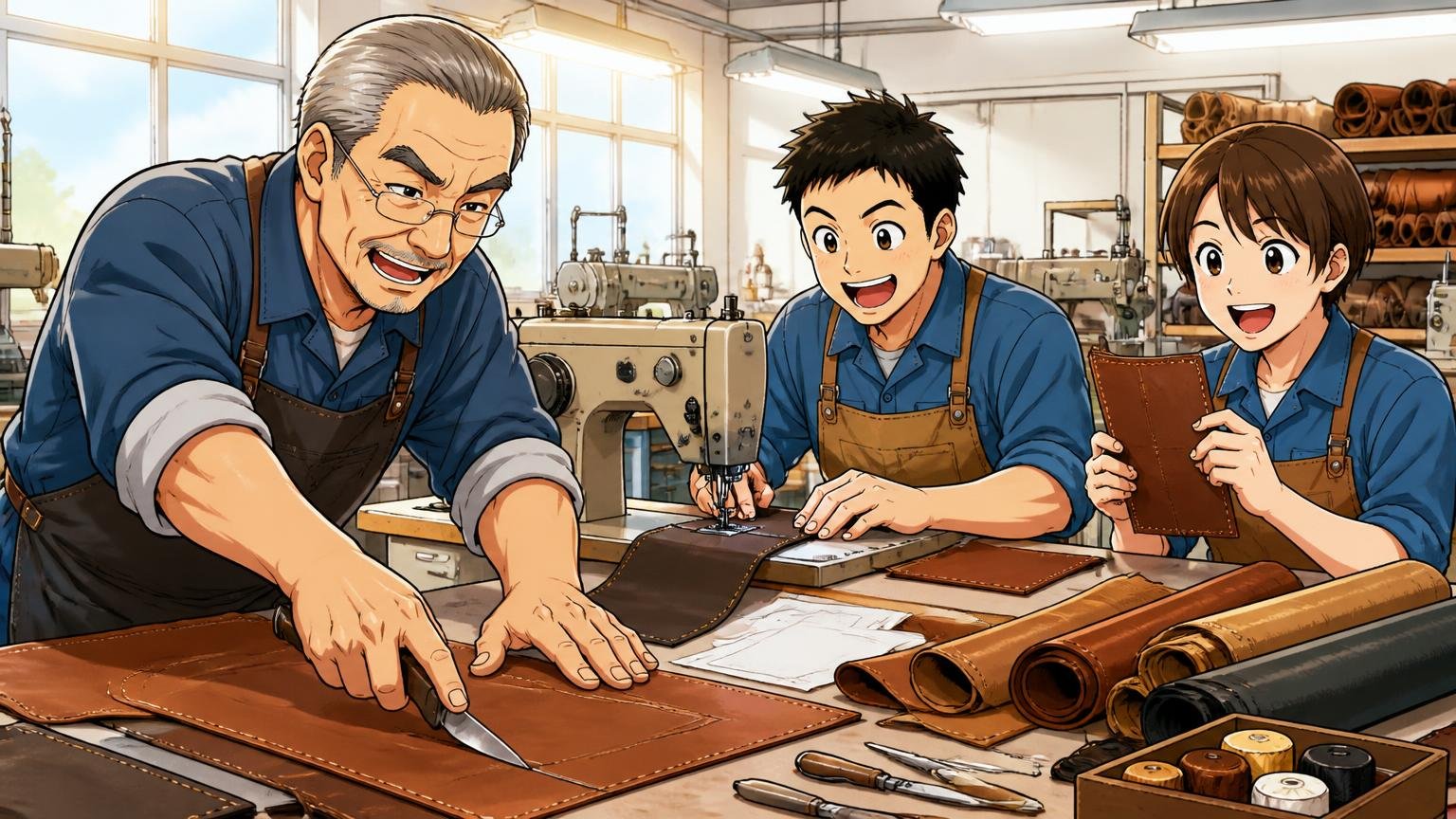 自社工場で一貫生産。明るい工場の作業台でベテランと若手の職人3人が革を裁断し縫製する場面