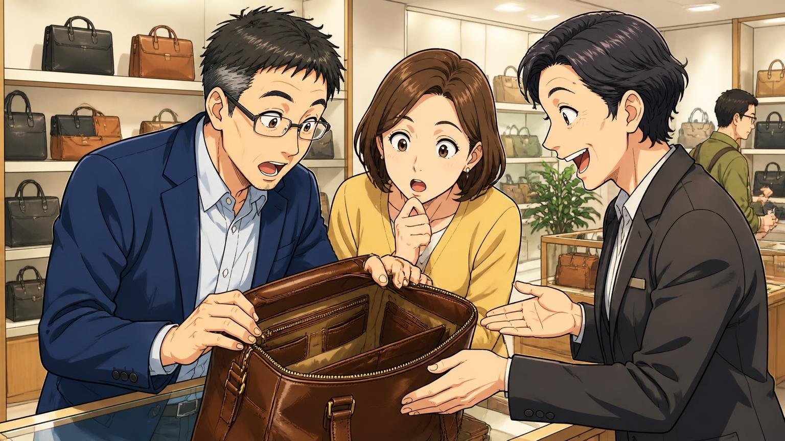 比べるのは「ロゴ・機能・修理の窓口・予算」の4つ、ショールームで40代男性と妻が店員と革バッグの中のポケットを確かめる場面