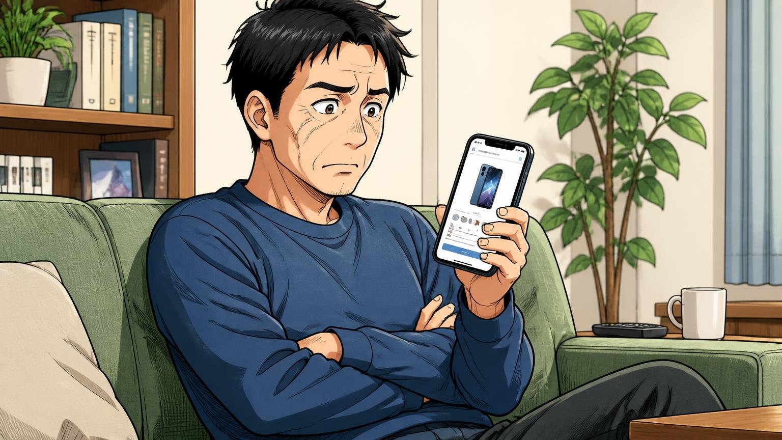 「高い」は本当。満足した人も価格で悩んでいる。自宅のソファでスマホの購入画面を開いたまま腕を組んで迷う40代男性1人