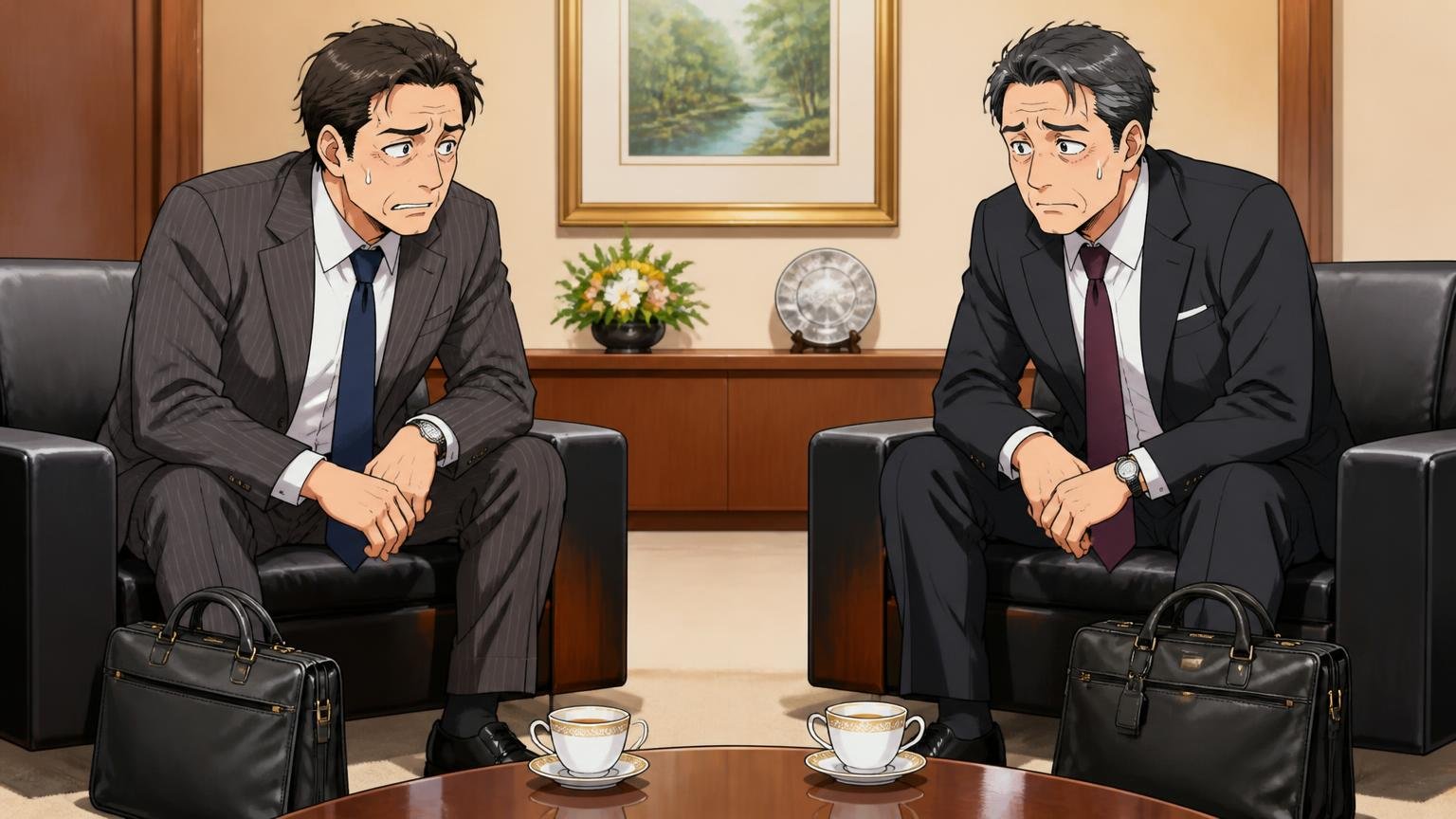 向いていない人|商談・スーツ・革の質感を重視する40代 取引先の応接室でバッグを床に置くスーツ姿の40代男性2人が気まずそうにする場面