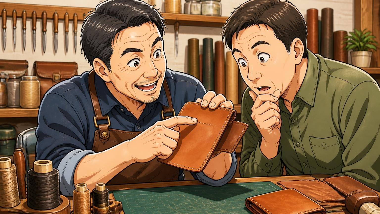 向いていない人：ロゴより「革・縫製・修理」で10年付き合いたい人　革工房の作業台の前で職人が40代男性に縫い目の細かさを見せて説明する場面
