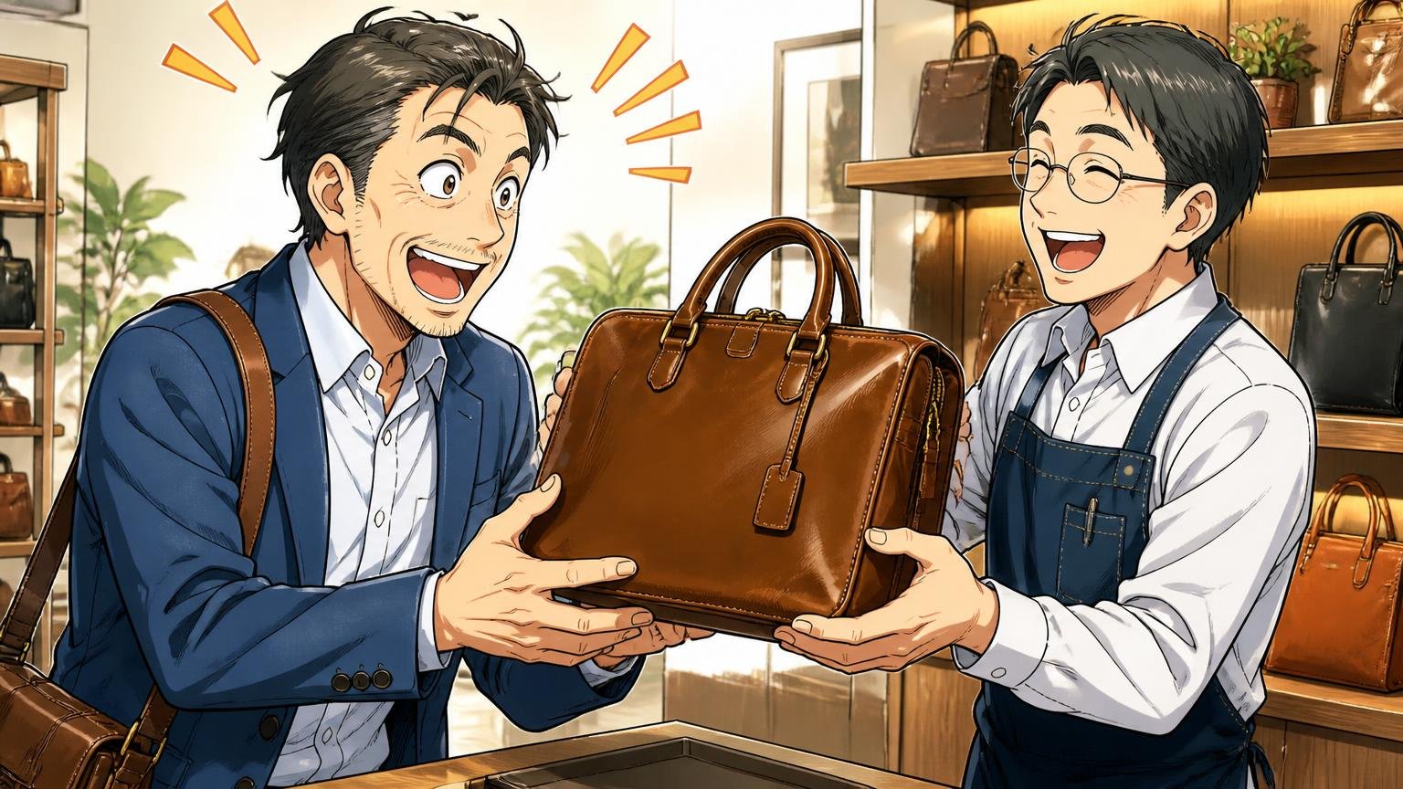 購入6か月以内は無償修理、その後も有償で修理できる、店舗で修理から戻った革バッグを受け取り喜ぶ40代男性と店員の2人
