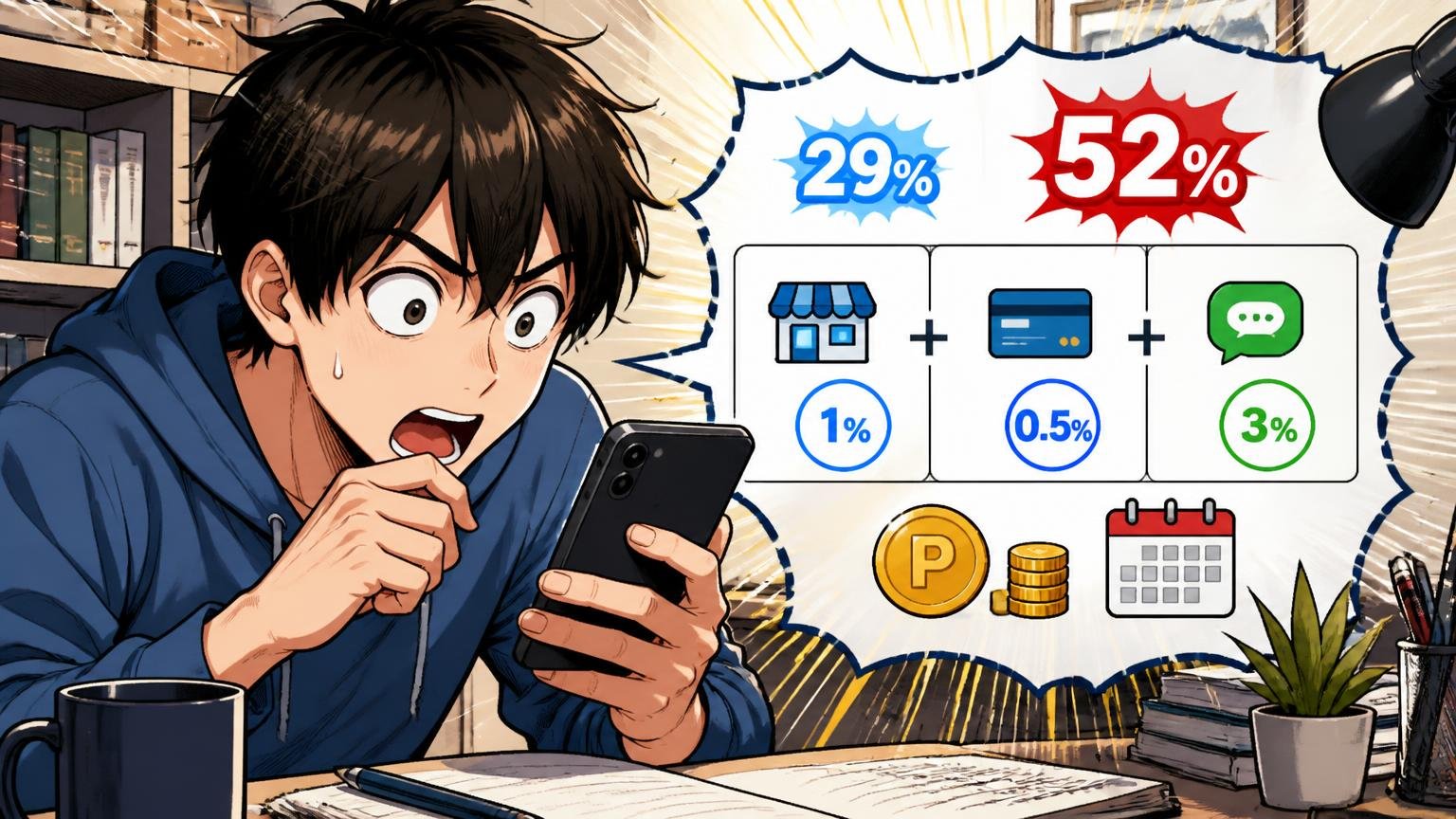 「29%」「最大52%」の中身：常時はストア1%＋決済0.5%＋LINE連携3%、上限と期間限定ポイント 書斎でスマホの要エントリー表示を凝視する20代男性1人