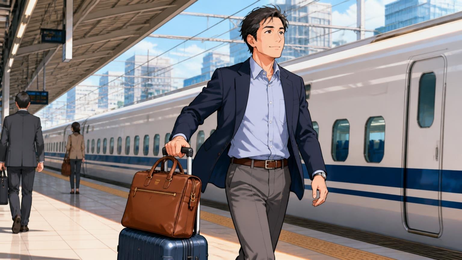 エメリーⅡは柔らかいイタリアンシュリンクで出張向き。新幹線のホームでキャリーケースに革のブリーフケースを載せた40代男性が軽やかに歩く場面