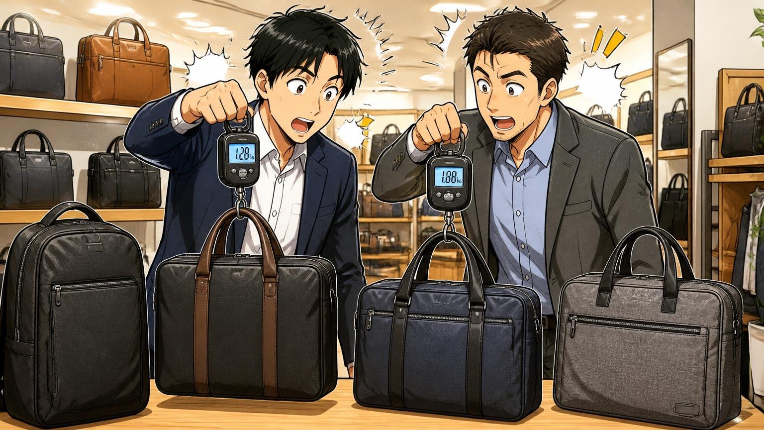 主要シリーズの価格・重さ・素材でみる「ビジネス向き」の見極め 鞄売り場で複数のバッグを並べて重さを比べる男性2人の場面