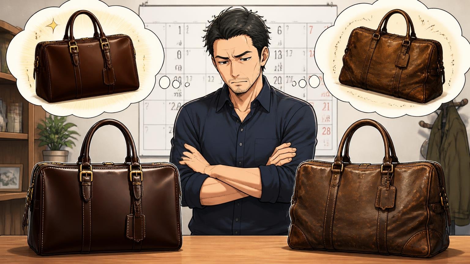 「買った直後の声」と「数か月使った声」を分ける。カレンダーの前で新品と使い込んだ革バッグを並べて見比べる40代男性1人が腕を組む場面