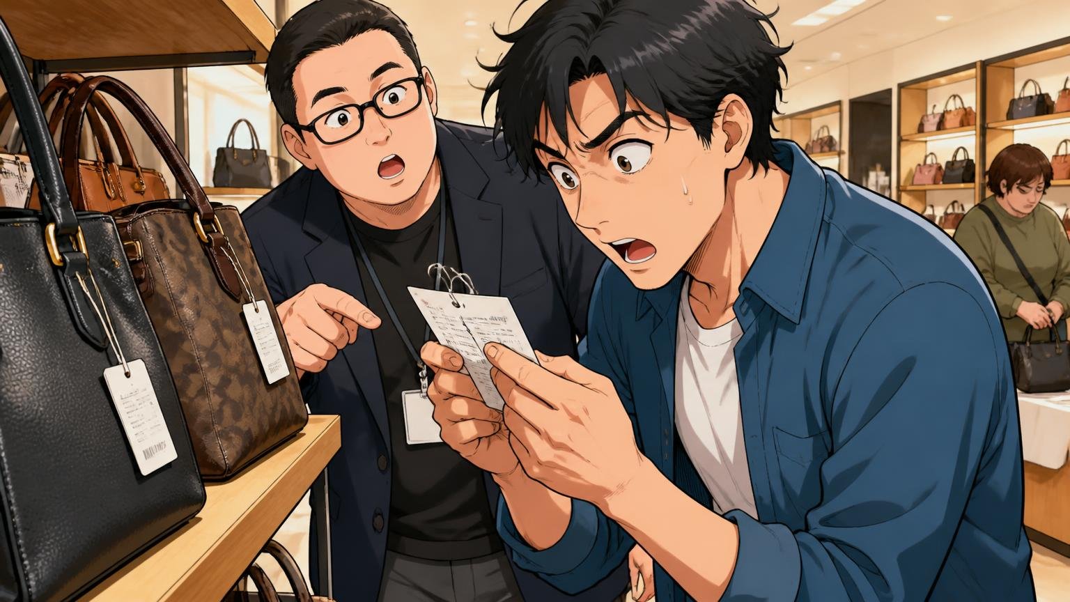 STEP2:ライン(正規店/アウトレット)と素材(レザー/シグネチャー)を確かめる 売り場で店員とタグを確かめる男性1人