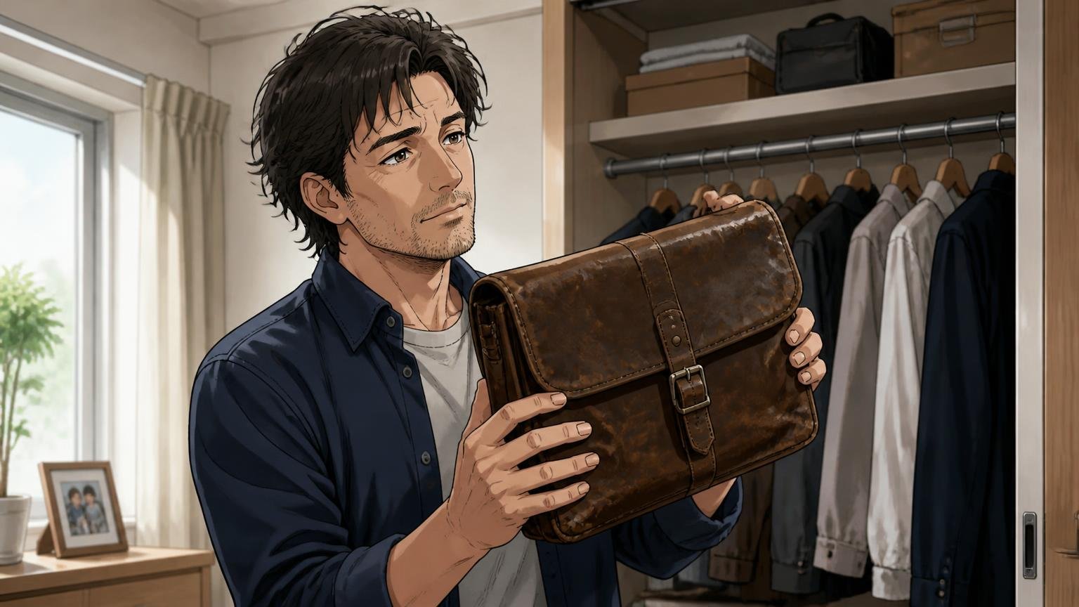 マッキントッシュが向いていない人 自宅のクローゼットの前で古い革バッグを手に取る場面 40代男性1人 遠い目で思い出にひたる