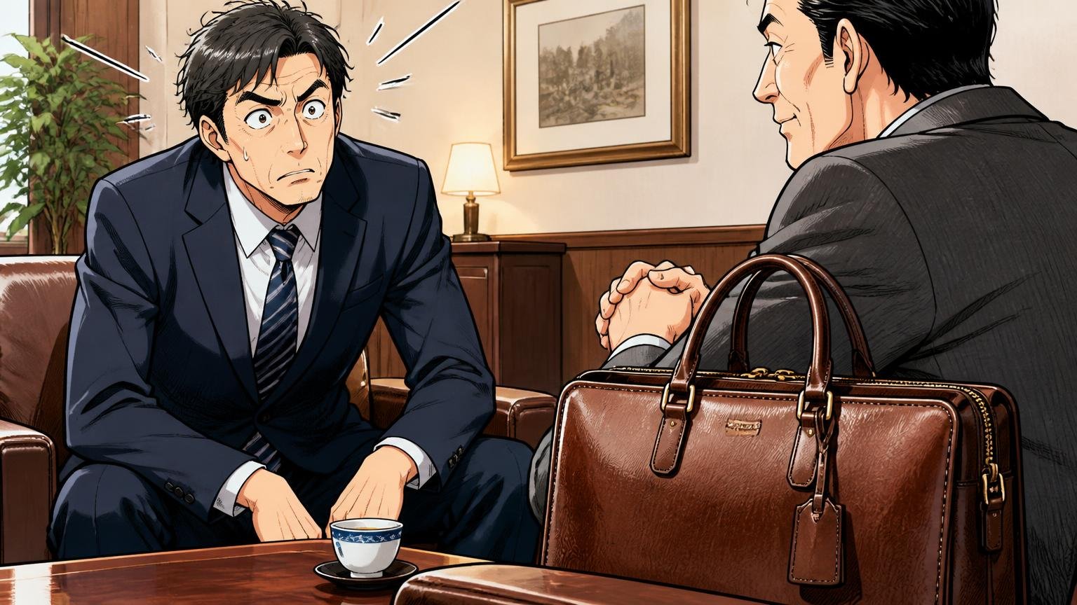 向いていない人｜40代で本革の質感と10年使える1本を求める人　取引先の応接室で部長の上質な革バッグを見て背筋を伸ばす40代男性1人