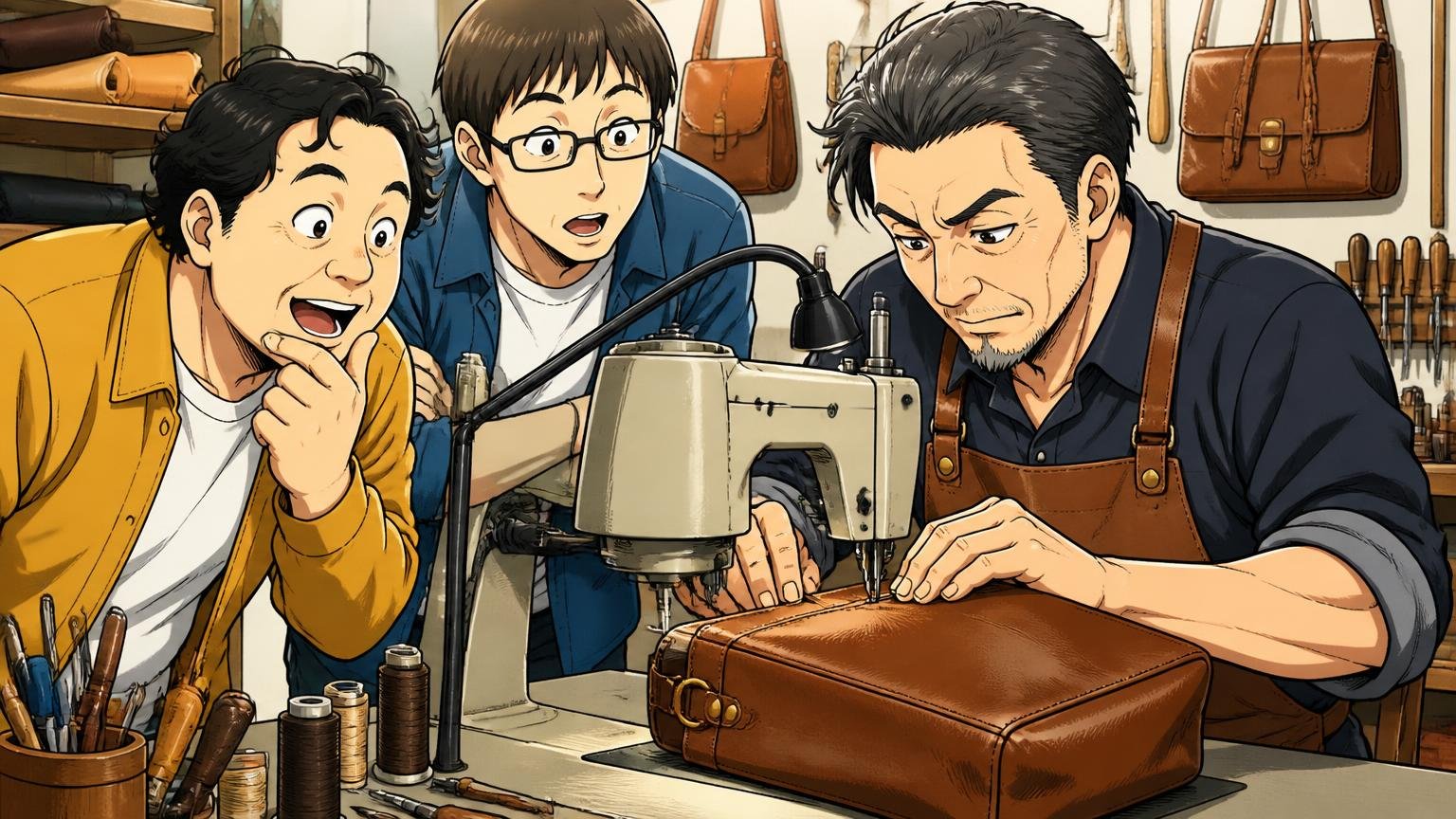 生産国と誰がどこで縫っているかを確かめる、革工房の作業台で職人がミシンで革バッグを縫う様子を見学する男性客2人と職人1人
