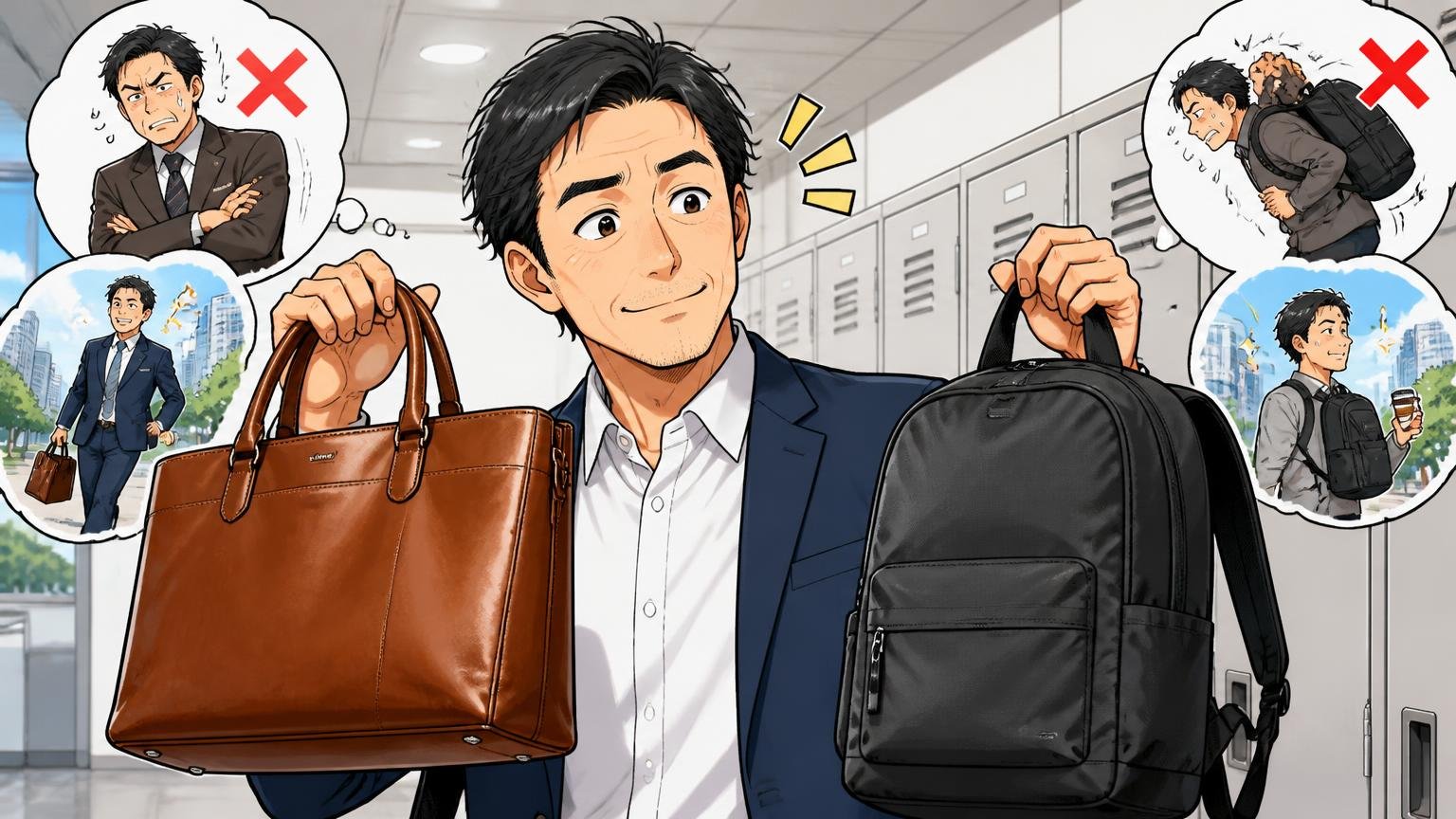 向いていない人の特徴と、ナイロン・合皮との上手な使い分け、オフィスのロッカー前で40代男性1人が革とナイロンのバッグを見比べて納得の表情を浮かべる場面