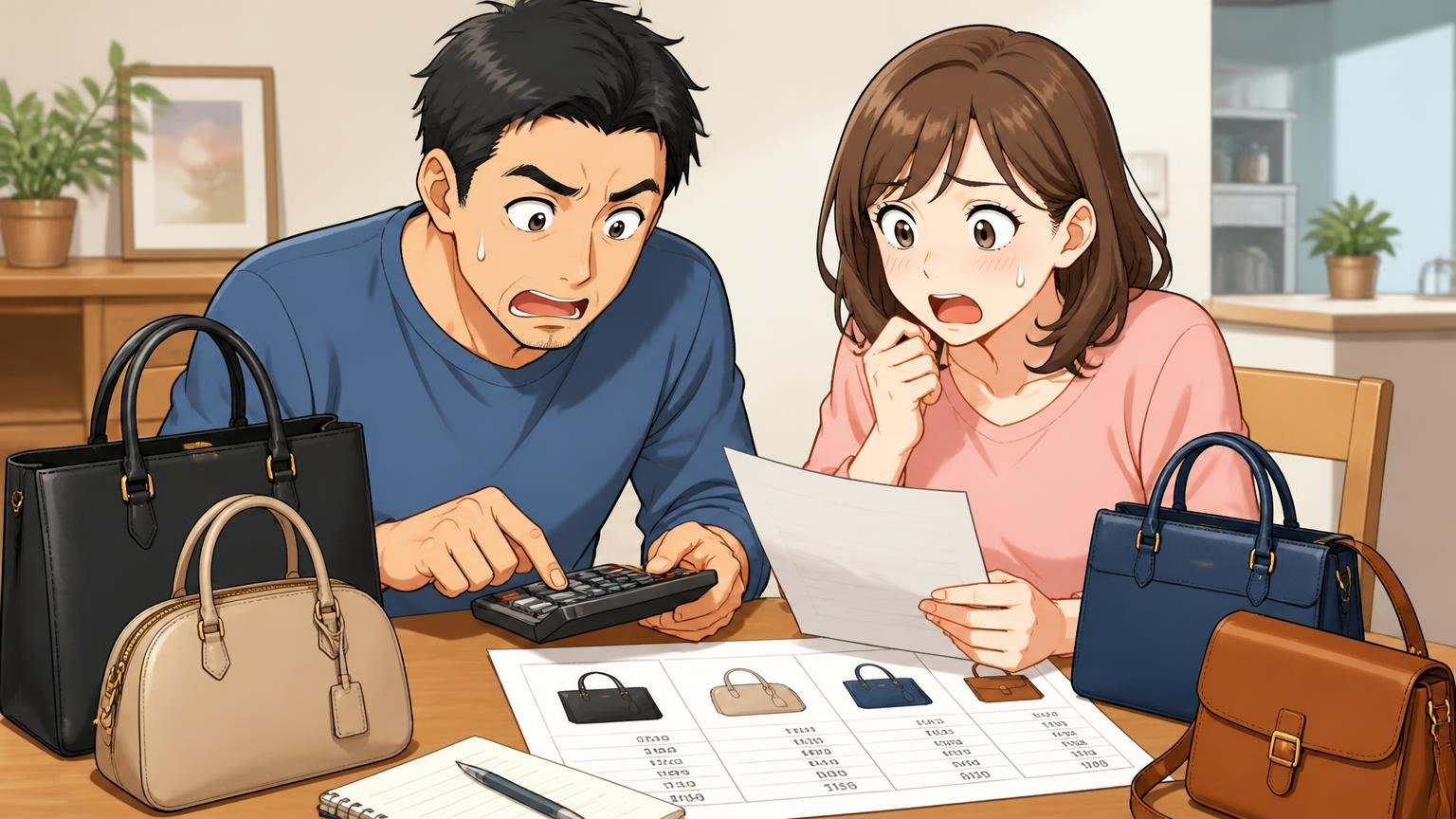 価格は「1年あたりのコスト」で比べる 自宅のダイニングで電卓をたたきながらバッグの価格を比べる夫婦2人