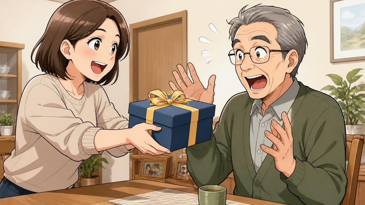 40代〜60代に選ばれやすい理由と贈り物にするときの注意。自宅のダイニングで30代女性が60代の父にプレゼントの箱を渡す場面