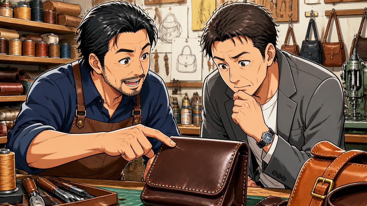 「誰が、どこで縫って、壊れたら誰が直すのか」を確認する 革工房の作業場で職人が40代男性に縫い目を指さして説明する場面
